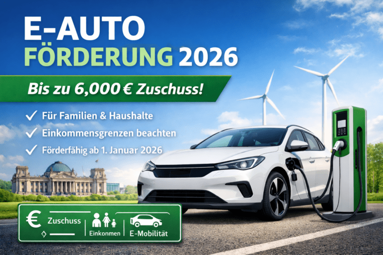 E-Auto Förderung 2026 in Deutschland – Elektroauto an Ladesäule mit Hinweis auf bis zu 6.000 Euro Zuschuss